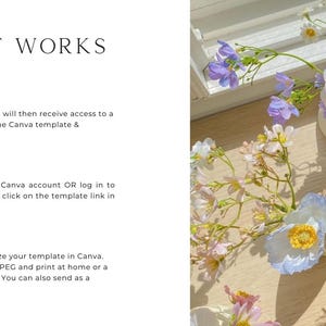 May include: How it works: A step-by-step guide on how to purchase, customize, and print a digital or physical invitation template using Canva. The image features a bouquet of pastel-colored flowers in a white vase.