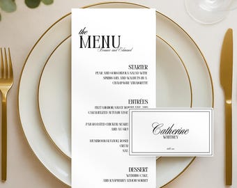 Plantilla de menú y tarjeta de lugar para cena de boda con dinero antiguo • Elegante, clásico, minimalista, vintage • Canva editable • Descarga digital imprimible - BO10