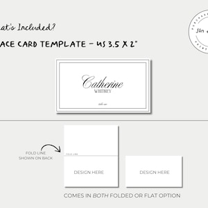 May include: A black and white place card template with the text "Catherine Whitney" and a fold line. The template is 3.5 inches by 2 inches and comes in both folded and flat options.