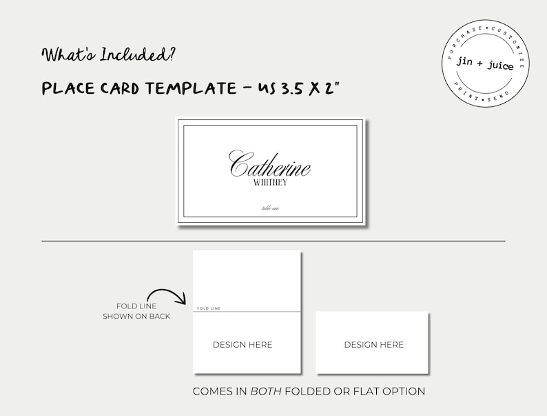 May include: A black and white place card template with the text "Catherine Whitney" and a fold line. The template is 3.5 inches by 2 inches and comes in both folded and flat options.