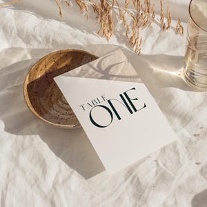 Può includere: Carta bianca con testo nero che recita "TABLE ONE" in un carattere moderno. La carta è appoggiata su una superficie di tessuto bianco.