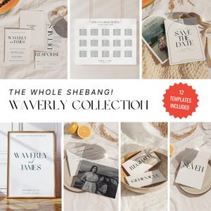 Pode incluir: Uma coleção de modelos de papelaria de casamento, incluindo convites, cartões RSVP e um mapa de assentos. Os designs apresentam tipografia minimalista e uma paleta de cores neutras. O texto "Waverly and James" é visível. Inclui 12 modelos.