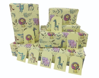 Folhas de papel de embrulho de animais de safári x 5, mais 8 etiquetas de presente - 100% reciclável - Papel de embrulho ecológico - Papel de embrulho de aniversário para crianças
