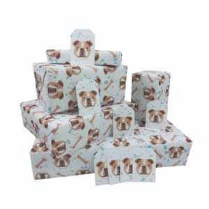 Fogli di carta da regalo Bulldog x 5, più 8 etichette regalo - 100% riciclabile - Carta da regalo ecologica - Carta da regalo di compleanno per cani