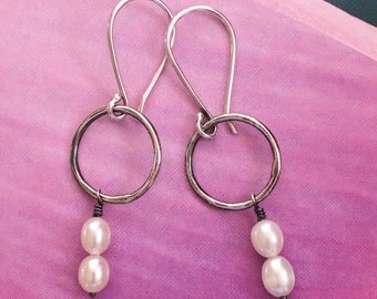 Circle and Pearl Earrings in Sterling and Freshwater Rice Pearls