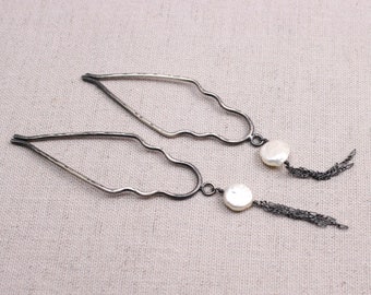 Pearl Queen Pair of Small Sterling Hairpins Embellished with Coin Pearls