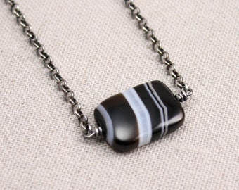 Banded Necklace in Black Agate and Sterling Silver