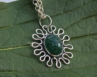 Scarab Necklace in Vintage Carved Jade and Sterling Silver