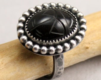 Scarab Ring in Antique Carved Onyx and Sterling Silver US size 7