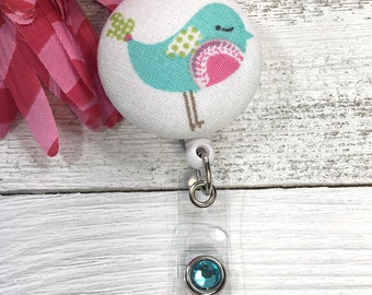 Badge Holder Retractable - Bird Fabric and Rhinestone Badge Reel for Nurses, Teachers, Technicians