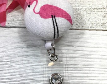 Badge Holder Retractable - Flamingo Fabric and Rhinestone Badge Reel for Nurses, Teachers, Technicians