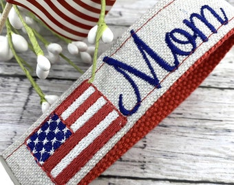 Handmade American Flag Keychain Wristlet, Popular Right Now, Embroidered Keychain, Army Mom,  Mom Gifts, Marine Mom