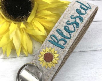 Blessed Wristlet Keychain, Wrist Keychain for Her, Key fob Wristlet, Keychain Wristlet, Bracelet Keychain, Inspirational Keychain, Sunflower