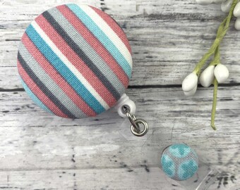 Cute Gray Aqua Stripe Badge Reel, RN Badge Reel, ID badge reel, Nursing Student badge reel, Badge Holder, ID badge Holder, Retractable Badge