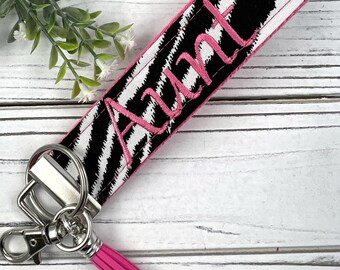 Handmade Aunt Keychain in Zebra, Aunt Gift, Aunt Birthday Gift, Embroidered Keychain, Aunt Gift from Niece, Aunt Gift from Baby, Auntie