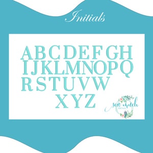 May include: A blue and white alphabet chart with the letters A through Z in a light blue color. The text "Initials" is at the top of the chart. The text "Sew Stitch Detail" is at the bottom of the chart.