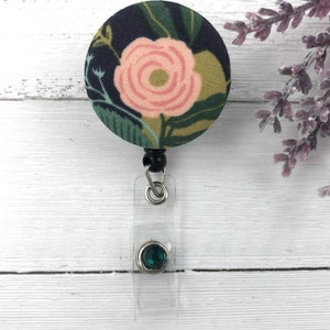 Rifle Paper Co Rosa Badge Reel Floral Name Tag Holder Retractable Badge Reel ID Holder Badge Holder Nurse Badge Reel image 2