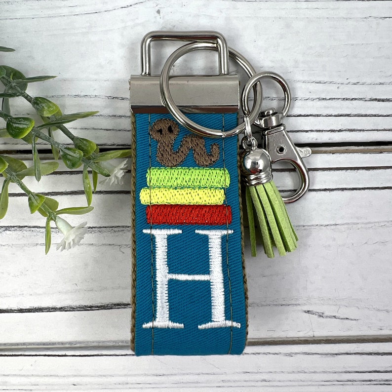 Initial Keychain for Librarian Gifts, Book Lover Gift, Teacher Retirement Gift, Future Teacher Gifts, High School Teacher, Book Keychain image 1