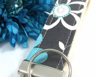 Funky Floral Keyfob in Grey and Turquoise