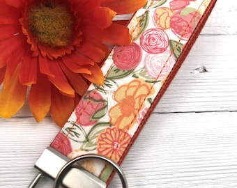 Floral Wristlet Keychain, Wrist Keychain for Her, Key fob Wristlet in Coral and Pink, Keychain Wristlet, Bracelet Keychain