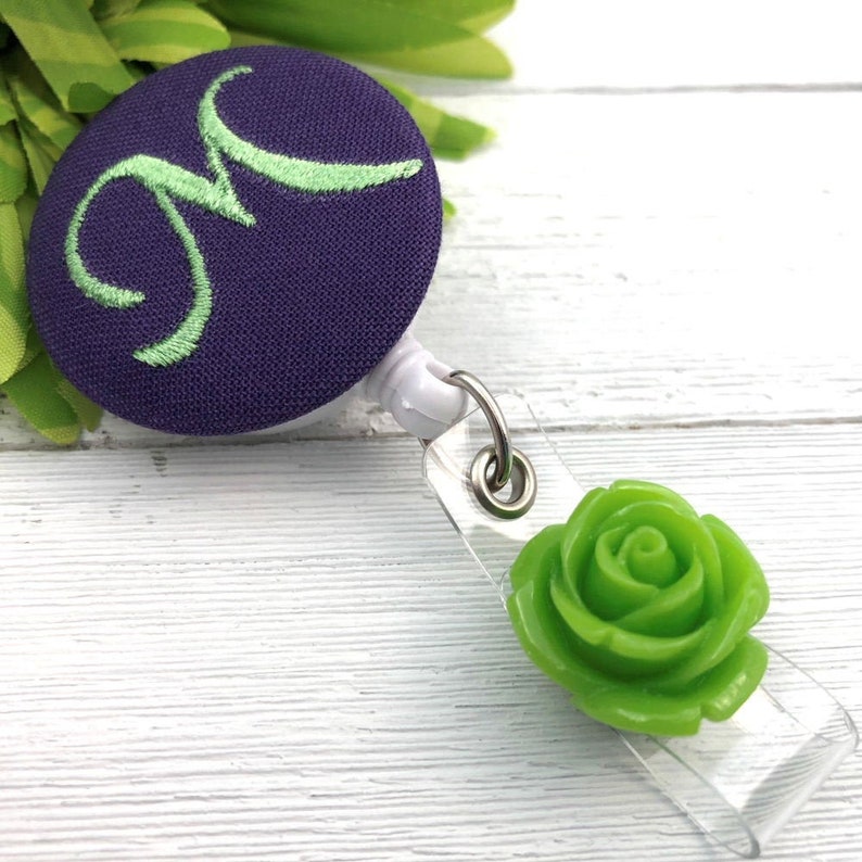 Monogram and Rose Badge Reel for Nurses Teachers Technicians Badge Holder Retractable