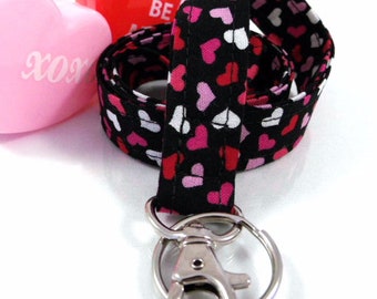 Fabric Lanyard with Valentine Hearts Black Red Pink