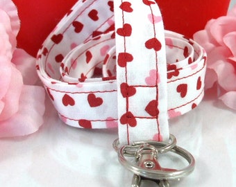 Fabric Lanyard with Valentines Day Hearts Red Pink