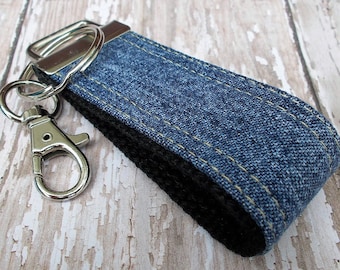Upcycled Denim Mini Key FOB Keychain for Him Mini Keychain for