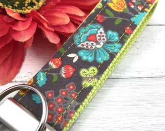 Turquoise Floral Fabric Gray Keychain Key Fob