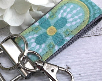 Mini Keyfob FOB Keychain for Women Ideal as a Purse Keychain or Backpack Keychain, Ideal Small Bridesmaid Gift, Aqua Floral