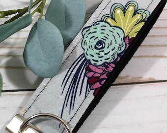 Boho Keychain Grey and Turquoise Gray Key Fob