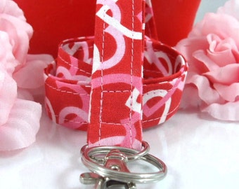 Fabric Lanyard with Valentines Day Hearts Red Pink