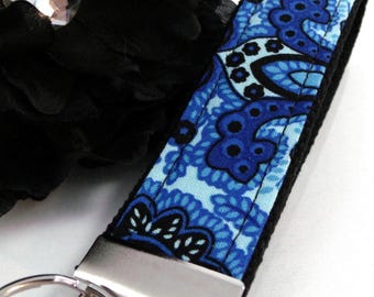 Key Fob in Blue and Black Floral