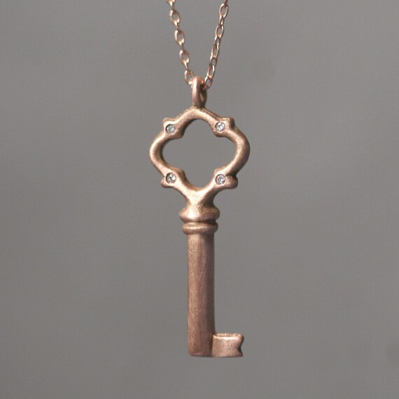 Tiny Victorian Key Pendant in 14K Rose Gold with Diamonds Etsy