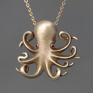 Long Baby Octopus Necklace in Brass with Rubies