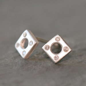 Square Stud Earrings Sterling Silver with Diamonds image 1