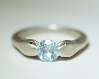 Double Headed Snake Ring in Sterling Silver with Aquamarine and London Blue Topaz