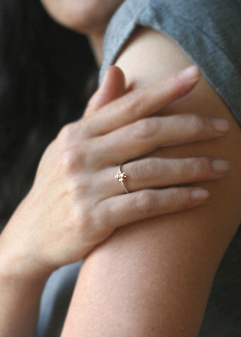 Tiny Bee Ring in Sterling Silver or Gold with Gemstone Option image 3