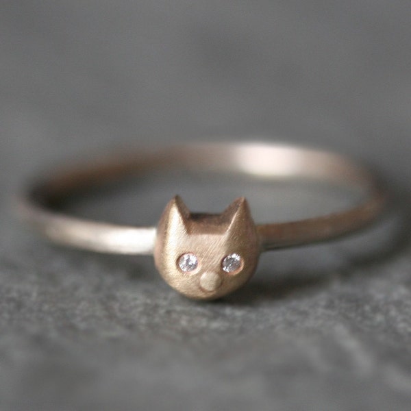 Baby Kitten Ring in 14k Gold and Sterling Silver with Diamonds