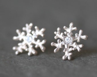 Coral Snowflake Stud Earrings in Sterling Silver and White Sapphire