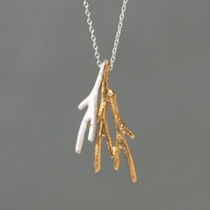 Tiny Triple Branch Necklace in Sterling Silver and Gold Vermeil