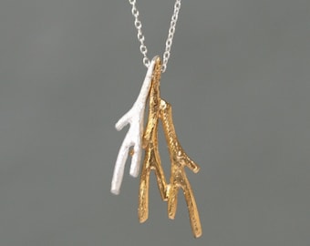Tiny Triple Branch Necklace in Sterling Silver and Gold Vermeil
