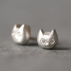 Baby Kitten Stud Earrings With Diamonds in Sterling Silver