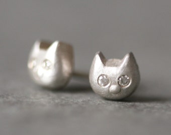 Baby Kitten Stud Earrings With Diamonds in Sterling Silver