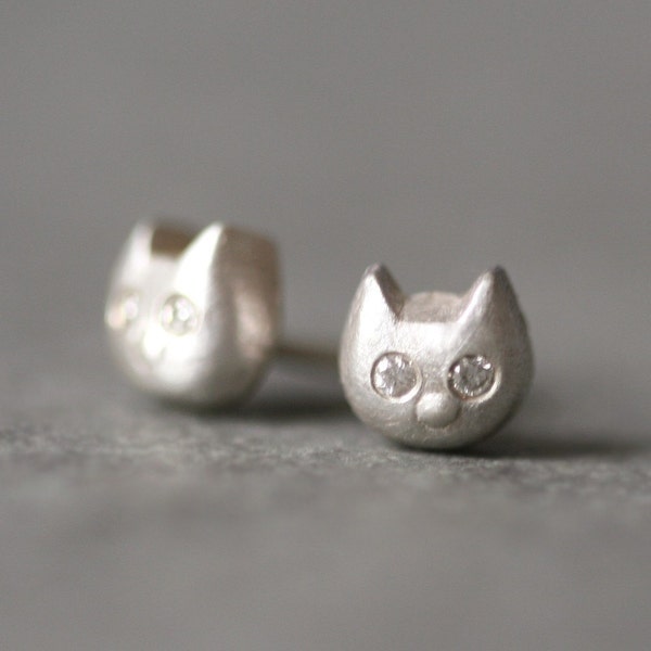 Baby Kitten Stud Earrings With Diamonds in Sterling Silver