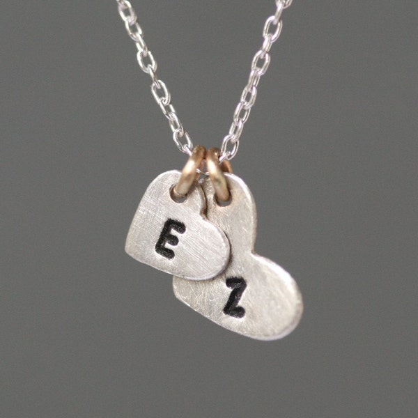 Double Heart Initial Necklace in Sterling Silver and 14K