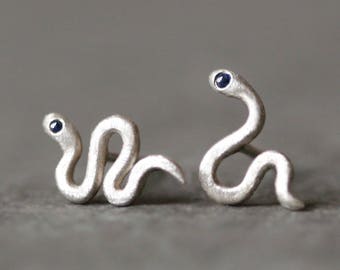 Mini Mismatched Snake Stud Earrings in Sterling Silver with Gemstone Option