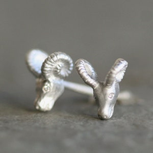 Tiny Ram Earrings in Sterling Silver with Diamonds