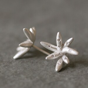 7 Petal Bud Earrings in Sterling Silver with Diamonds image 1