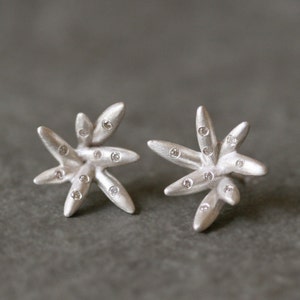 7 Petal Bud Earrings in Sterling Silver with Diamonds image 2